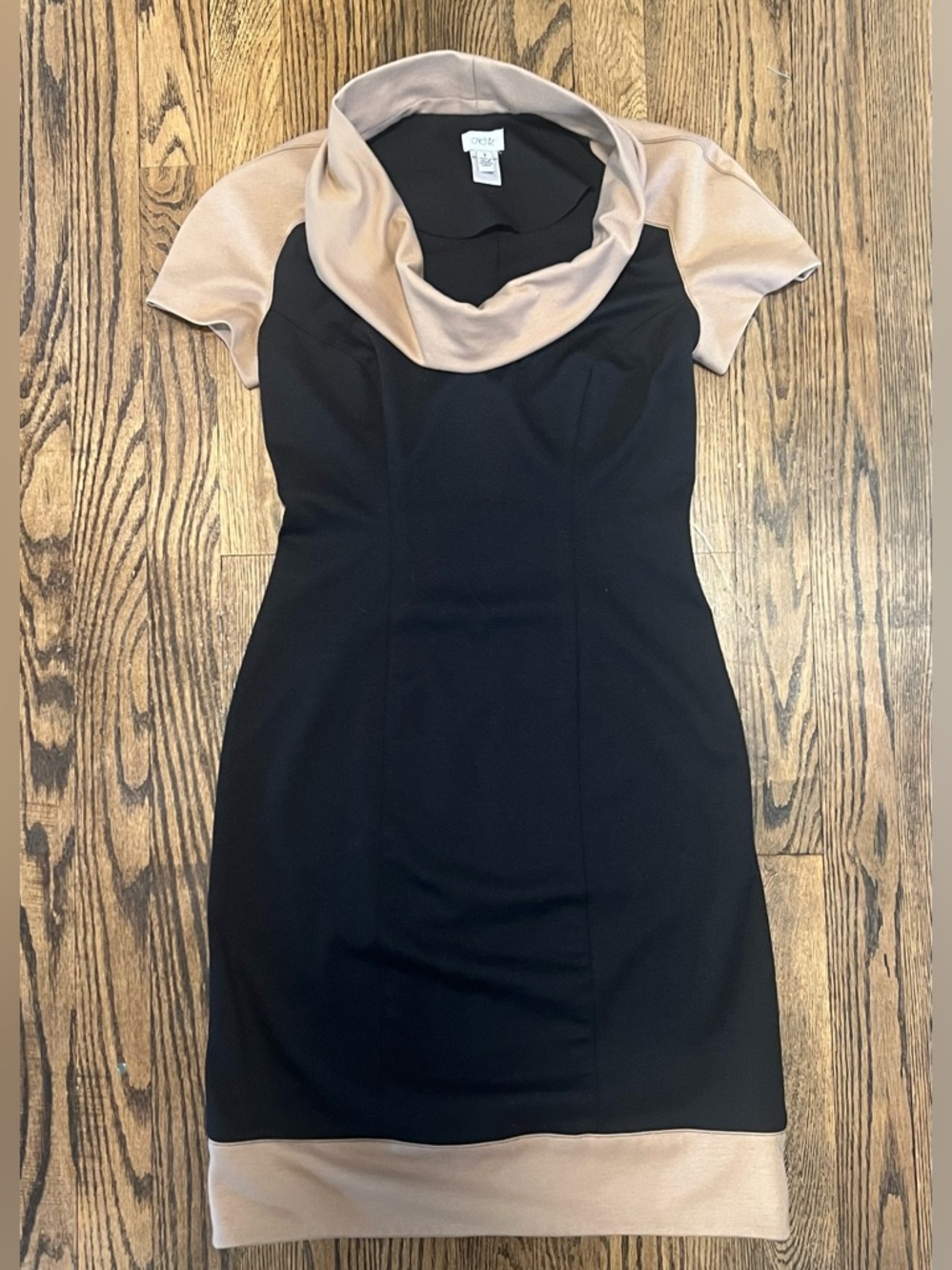 Cache Black Dress with Tan Cowl Neck and Hem
